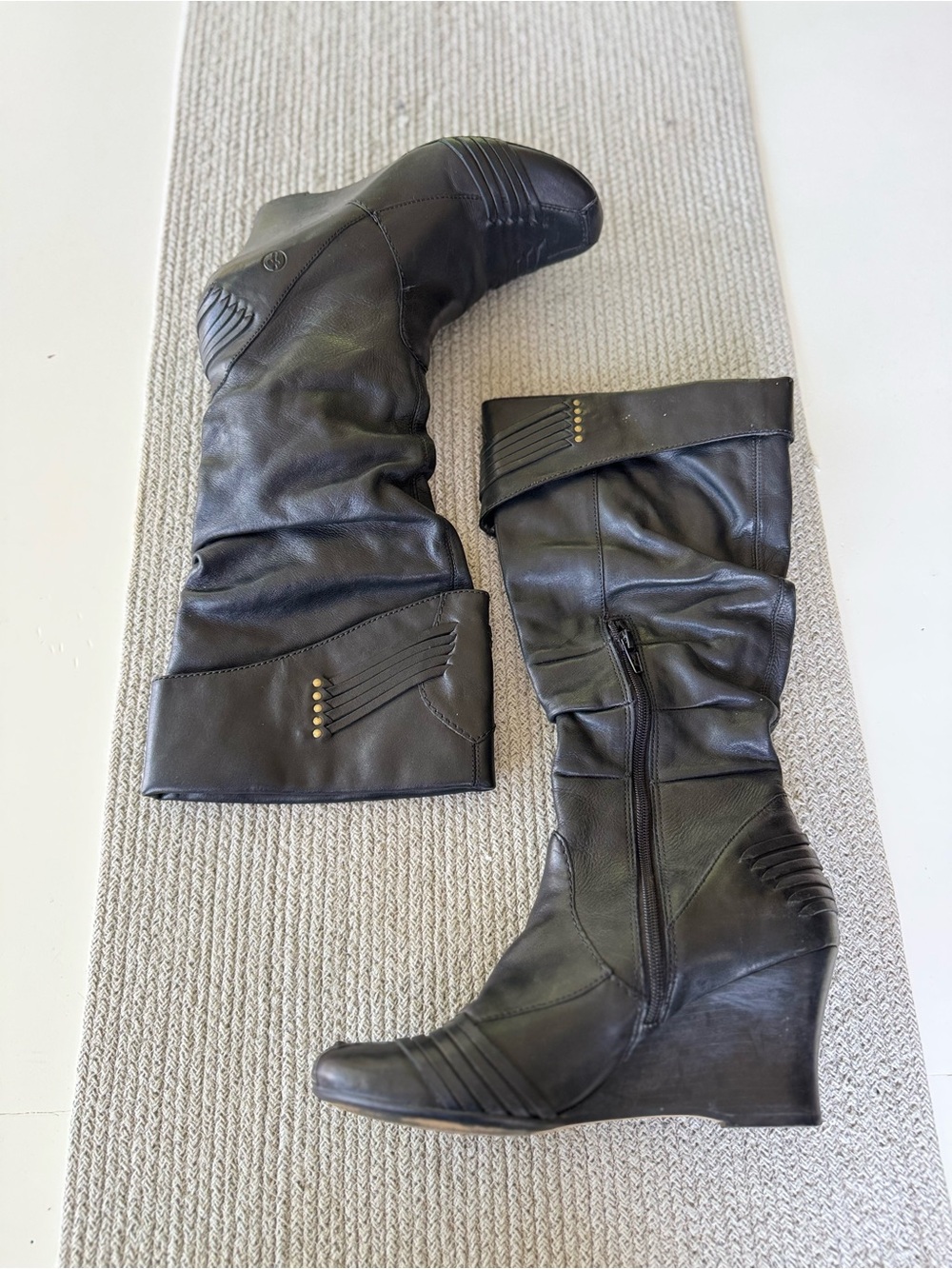 Bronx Black Studded Leather Wedge Knee-High Boots with Woven Detail Sz 8.5